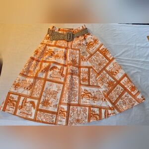 NWT HER DESTINY Orange Patterned Women's Flowing Full Skirt Belt Pockets Size M